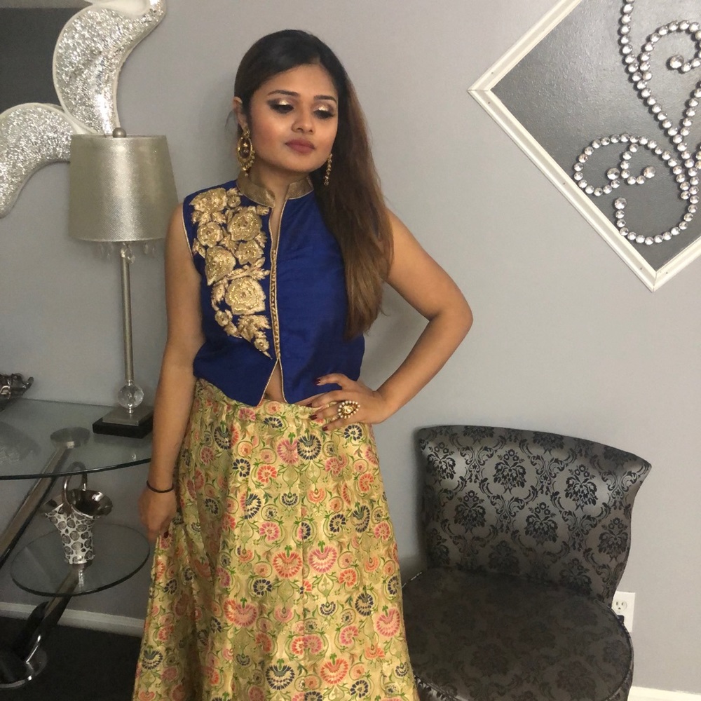 Blue and beige floral lehenga